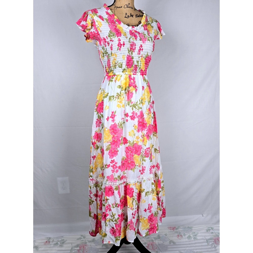 By The River‎ Maxi Summer Dress Womens S Pink Yellow Floral Smocked  Cottagecore